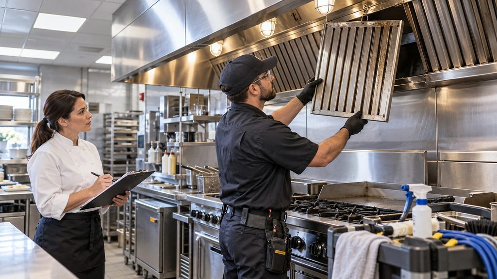 Kitchen exhaust hood maintenance inspection in a commercial restaurant kitchen