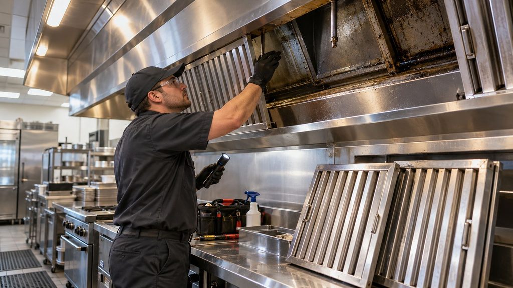 Commercial kitchen exhaust hood filters and plenum inspected before professional cleaning