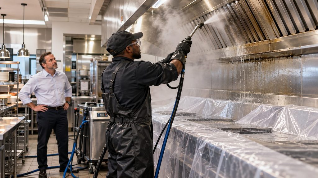 Professional hood cleaning service cleaning a commercial restaurant kitchen exhaust system