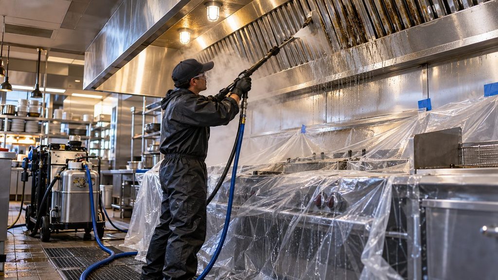 Professional kitchen exhaust cleaning service technician cleaning a commercial stainless-steel hood in a restaurant kitchen.