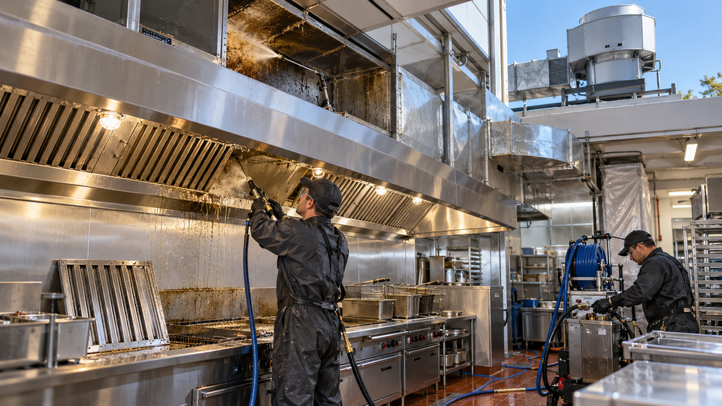 Commercial kitchen exhaust cleaning including hood filters ductwork and exhaust fan
