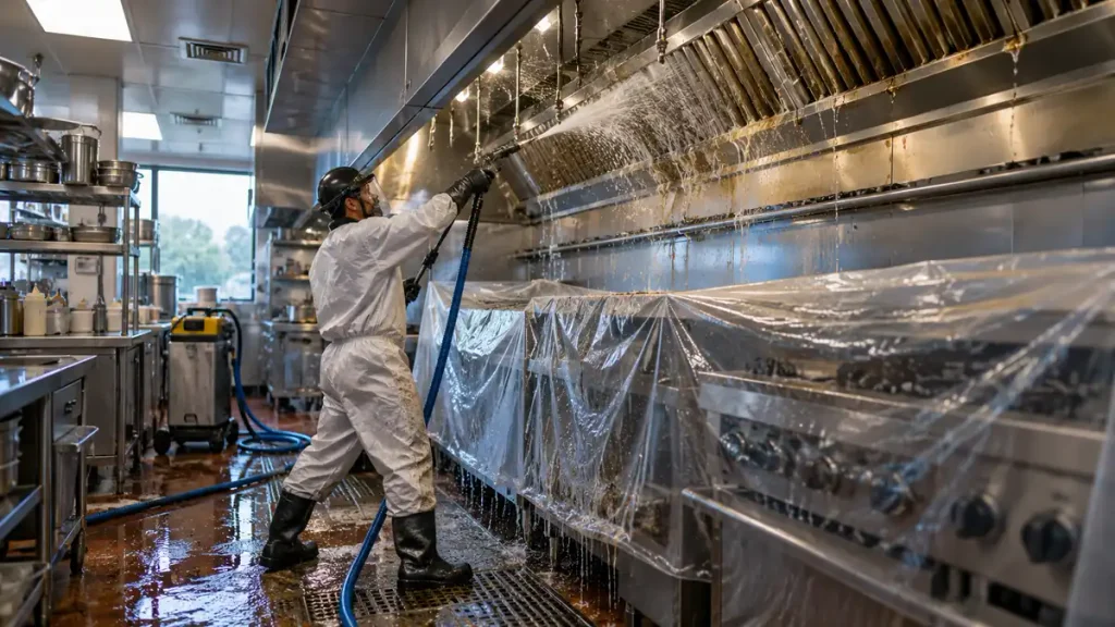 Restaurant hood cleaning service technician cleaning a commercial kitchen exhaust hood