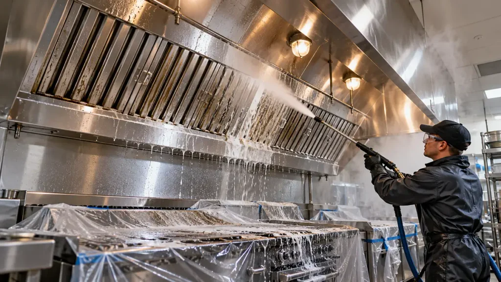 Professional kitchen exhaust cleaning service in a commercial restaurant kitchen